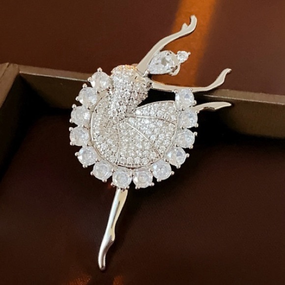 Ballerina Brooch White Gold Plated Zircon Ballerina Pin Ballet Brooch - Picture 5 of 11